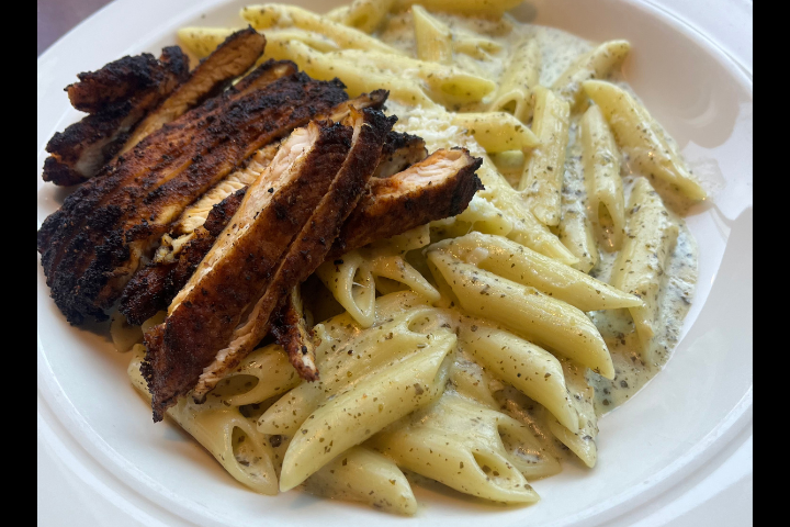 Pesto Cream Pasta With Blackened Chicken